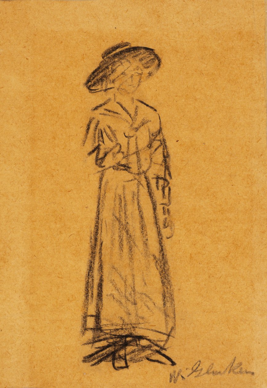 Kvinna med bredbrättad hatt (svart krita på papper) av William James Glackens