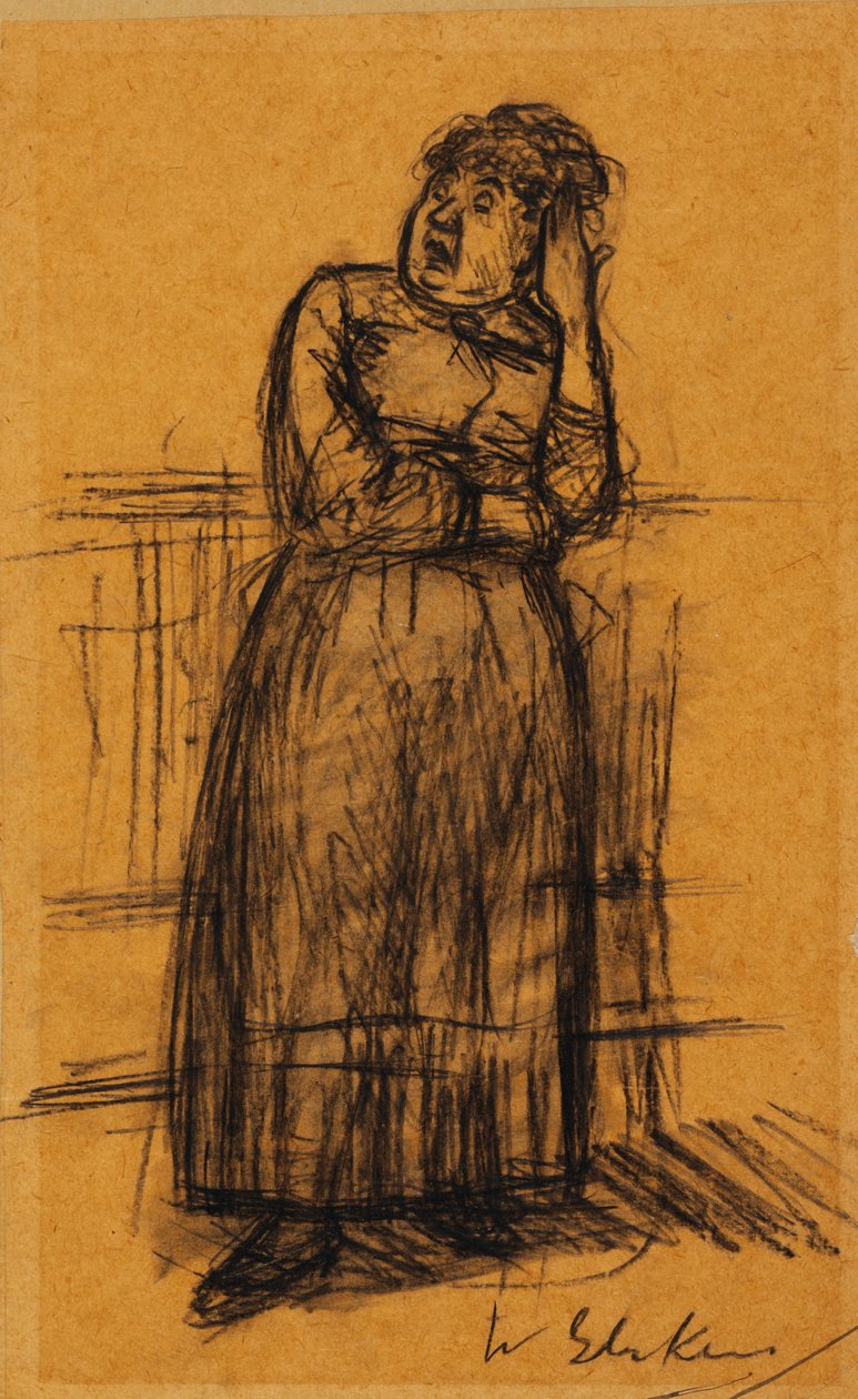 Kvinna med hand i håret (svart krita på papper) av William James Glackens