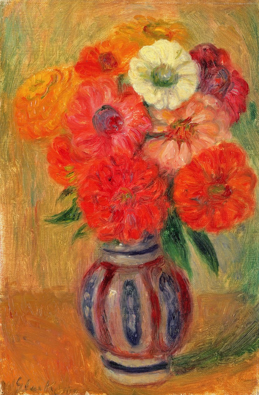 Zinnias i en randig blå vas av William James Glackens