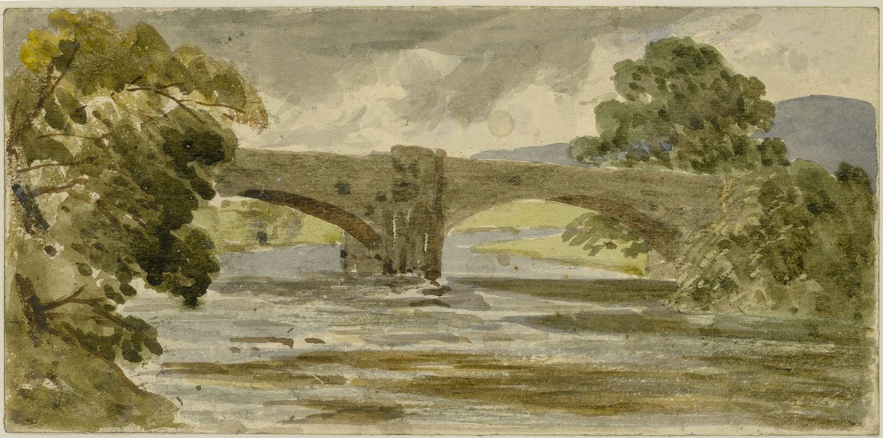 Landskap med bro och träd (akvarell på papper (klistrad på kort)) av William James Muller