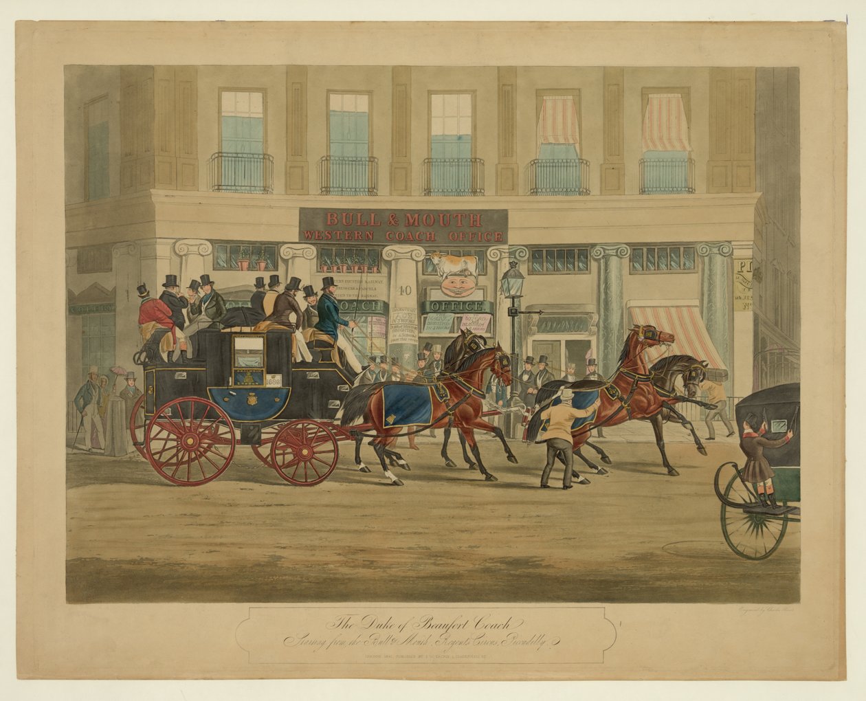 Duke of Beaufort Coach, med utgångspunkt från Bull & Mouth, Regents Circus, Piccadilly, pub. 1841 (handkolorerad akvatint) av William Joseph Shayer