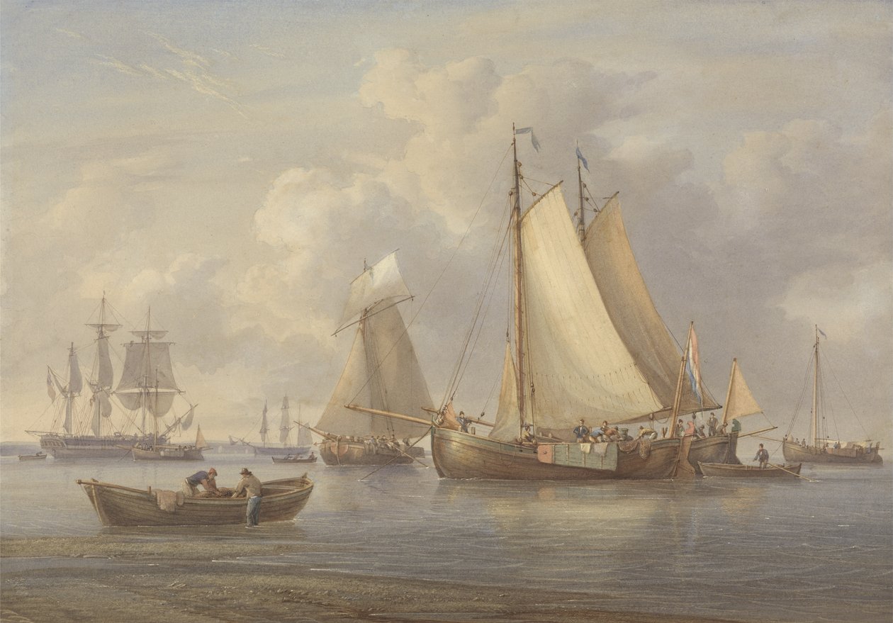 Holländska fiskebåtar för ankar i en mynning, ca 1850-60 (wc med skrapning och tuggummi på papper) av William Joy