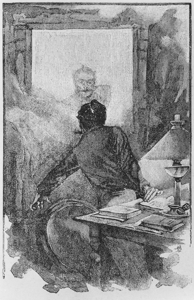 Berättaren och Horla, illustration ur "Le Horla" av Guy de Maupassant (1850-93), graverad av Georges Lemoine, Paris, Editions Albin Michel, ca 1910 (trägravyr). av William Julian Damazy