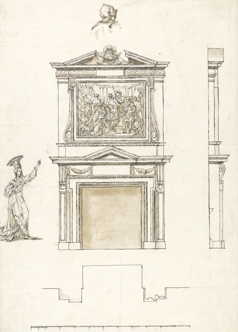 Design för Chimney Piece i Hall at Stowe, ca 1733 (penna & bläck med tvätt över grafit på papper) av William Kent