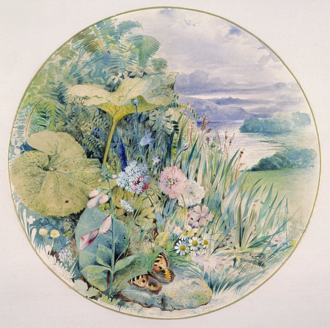 Vilda blommor och vegetation i ett sjölandskap av William Linnaeus Casey