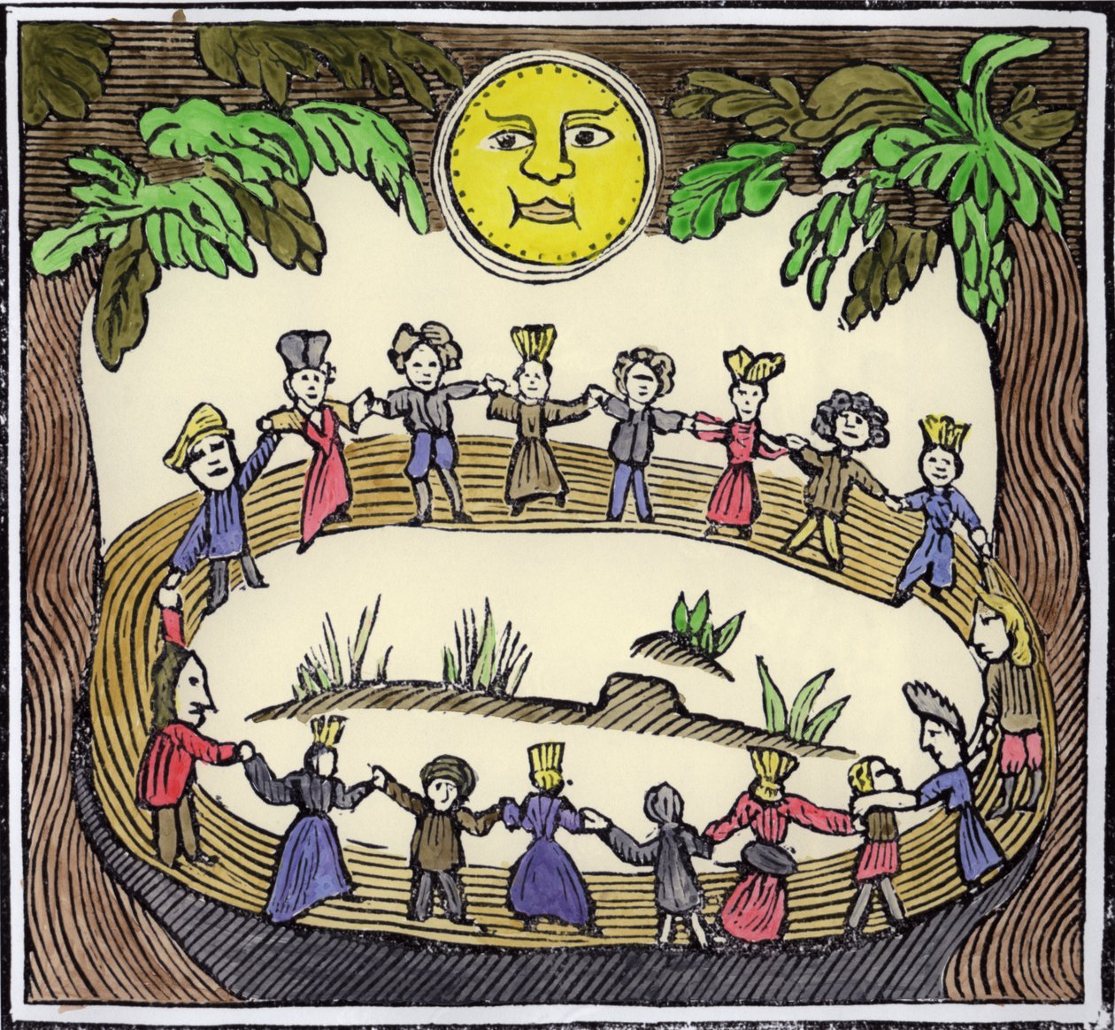 Häxcirkel som dansar under fullmåne, illustration från en samling kapitelböcker om esoterik (senare färgsättning) av William Linnell