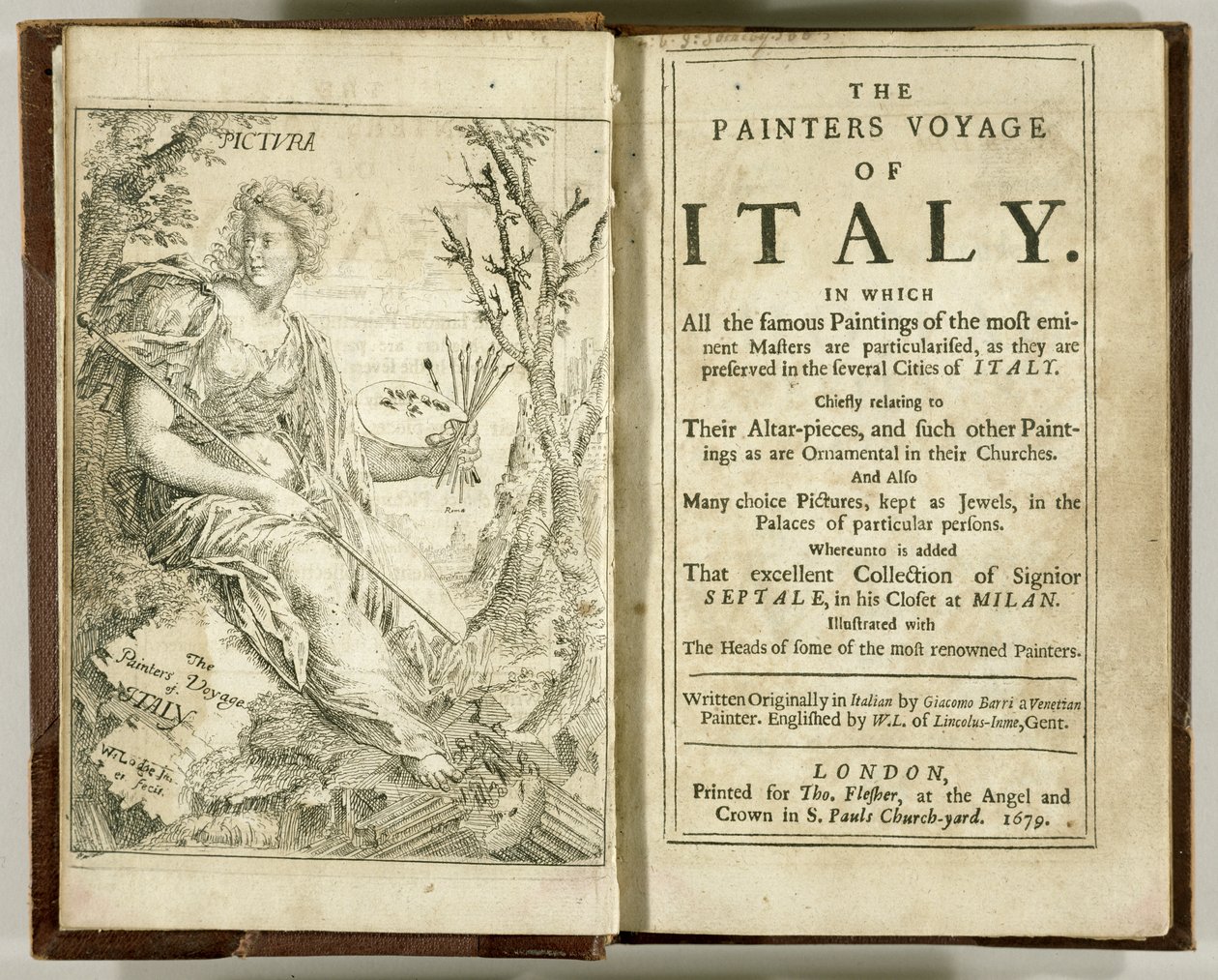 Titelsida från The Painters Voyage of Italy... av Giacomo Barri, 1679 av William Lodge
