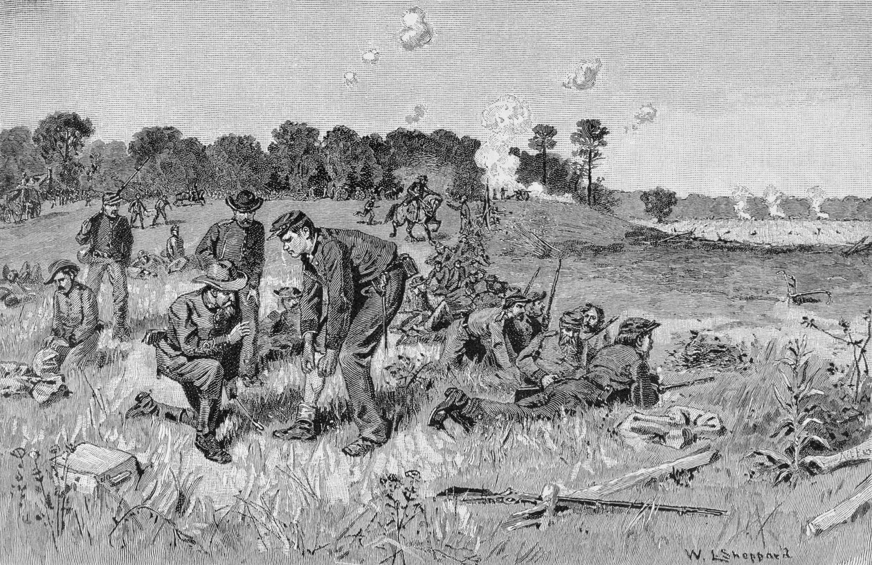 Konfedererade linje väntande order i vildmarken, illustration från "Battles and Leaders of the Civil War", redigerad av Robert Underwood Johnson och Clarence Clough Buel av William Ludlow Sheppard