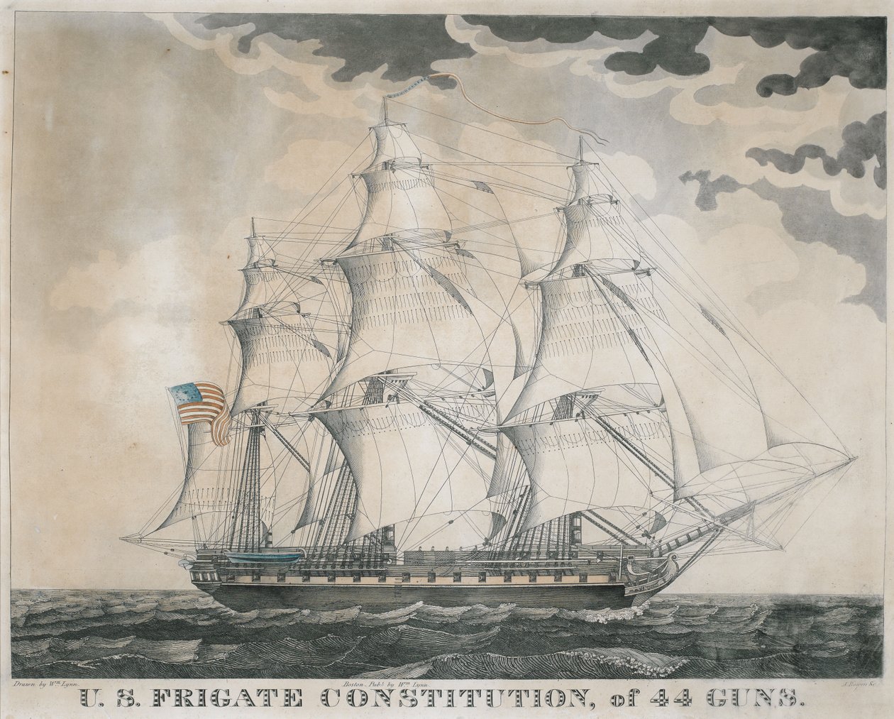 U.S.S. Fregate Constitution, of 44 Guns, graverad av Abel Bowen (f.1790) c.1812 (handfärgad gravyr och akvatint) av William Lynn