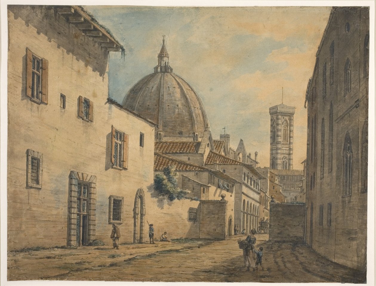 En gata i Florens med Duomo och Campanile i bakgrunden (wc med penna och bläck över grafit på papper) av William Marlow
