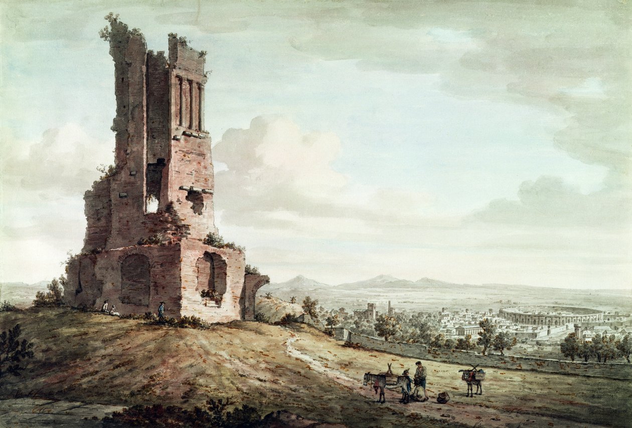 Nimes, från Tour Magne, ca 1765-68 (wc och penna och brunt bläck över penna på papper) av William Marlow