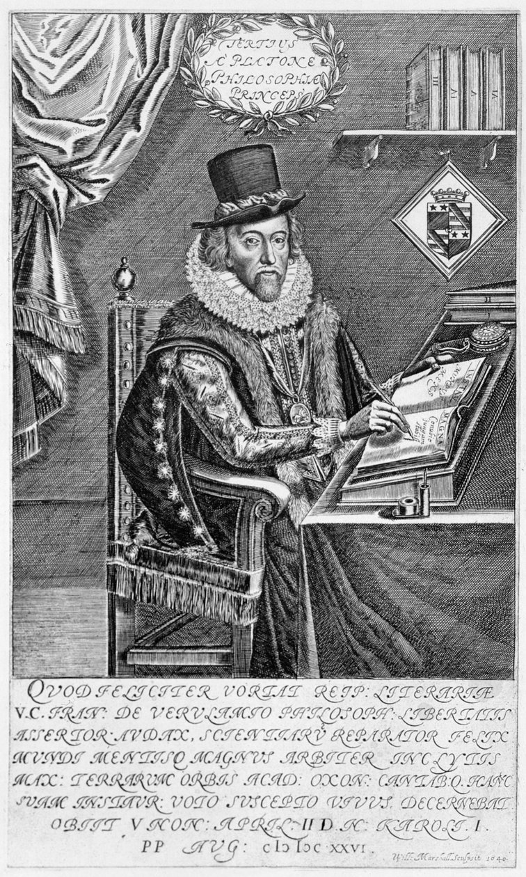 Porträtt av Francis Bacon (1561-1626) Viscount of St. Albans skrivande vid sitt skrivbord, 1640 av William Marshall