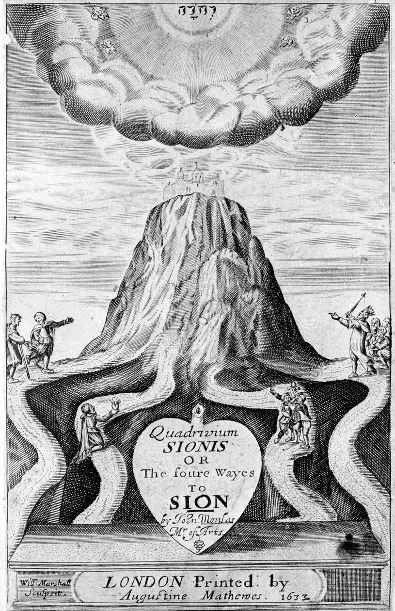 Titelsida till "Quadrivium Sionis eller de fyra vägarna till Sion", av John Monlas, 1633 av William Marshall