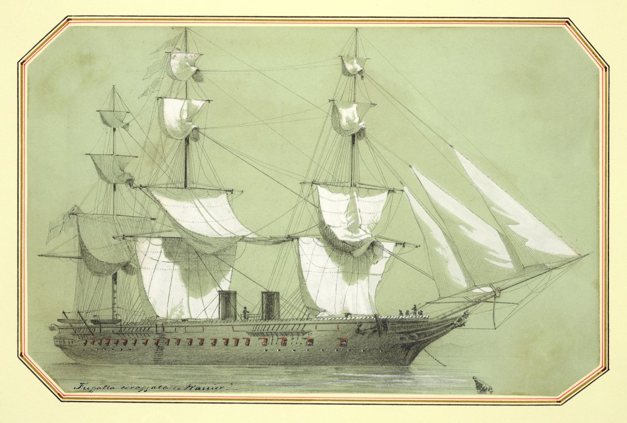 Warrior, det första brittiska krigsfartyget i järn, beställdes av regeringen 1859 och var till sjöss 1861 (blyerts med vit färg). av William McConnell