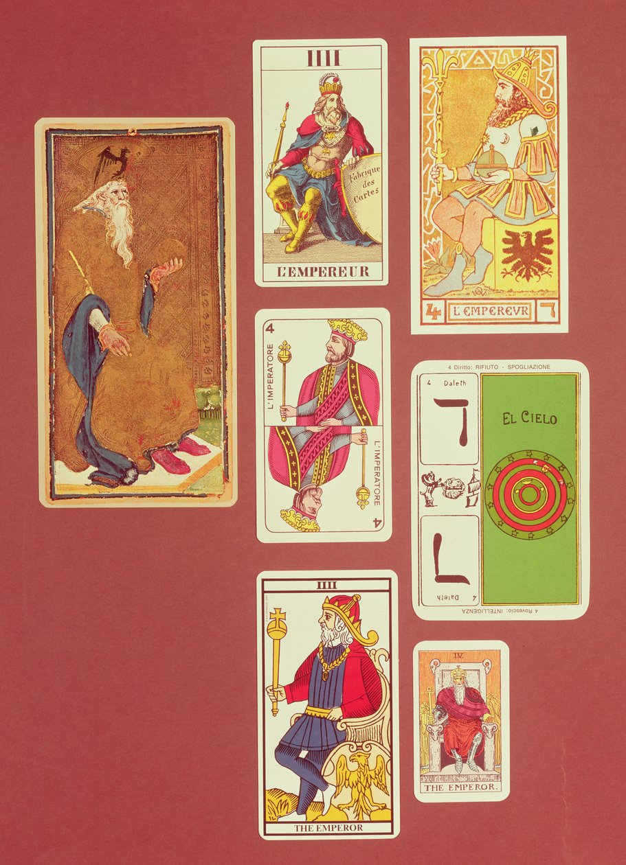 IIII The Emperor, sju tarotkort från olika förpackningar av William Minchin