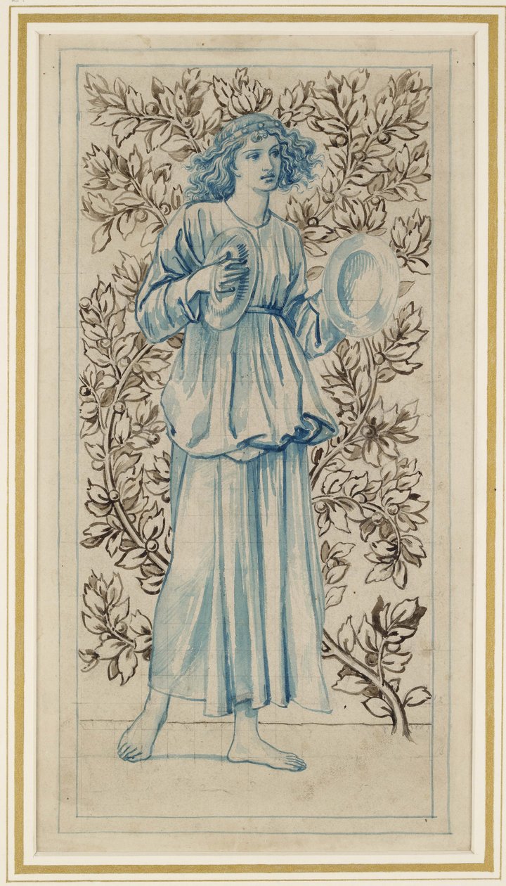 En kvinna som spelar cymbaler (penna med blått och brunt bläck och akvarell på missfärgat blekgult papper) av William Morris