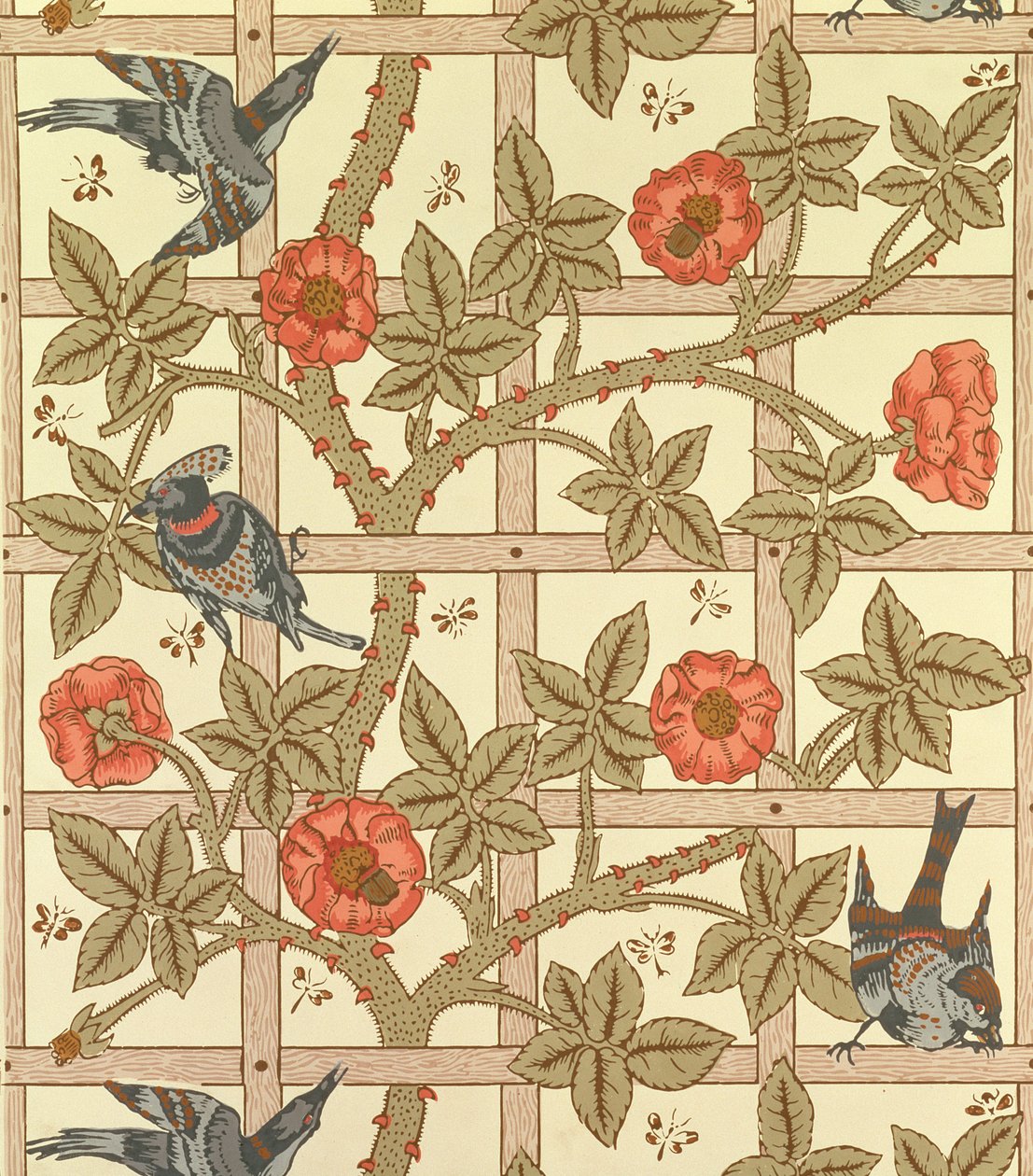 Blå och orange spaljétapetdesign, 1864 av William Morris