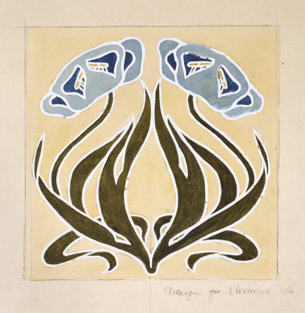 Design för en "Minstrel Tile" (penna med blått bläck och akvarell och grafit på missfärgat off-white papper) av William Morris