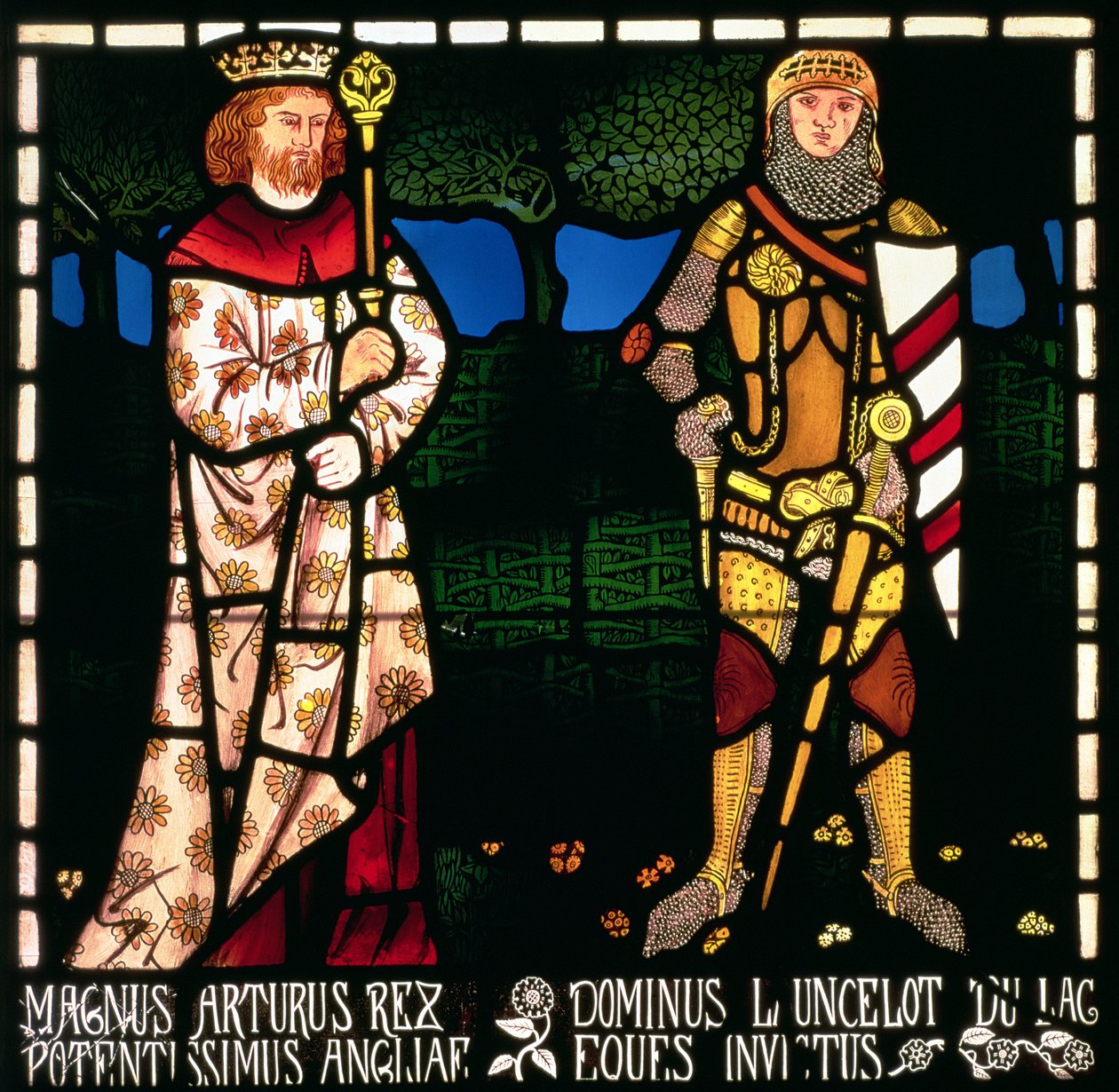 Kung Arthur och Sir Lancelot, 1862 (glasmålningar) av William Morris