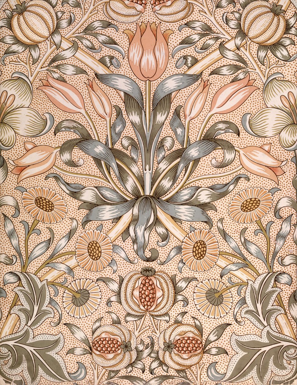 Tapetmönster med lilja och granatäpple, 1886 (färgtryck på papper) av William Morris