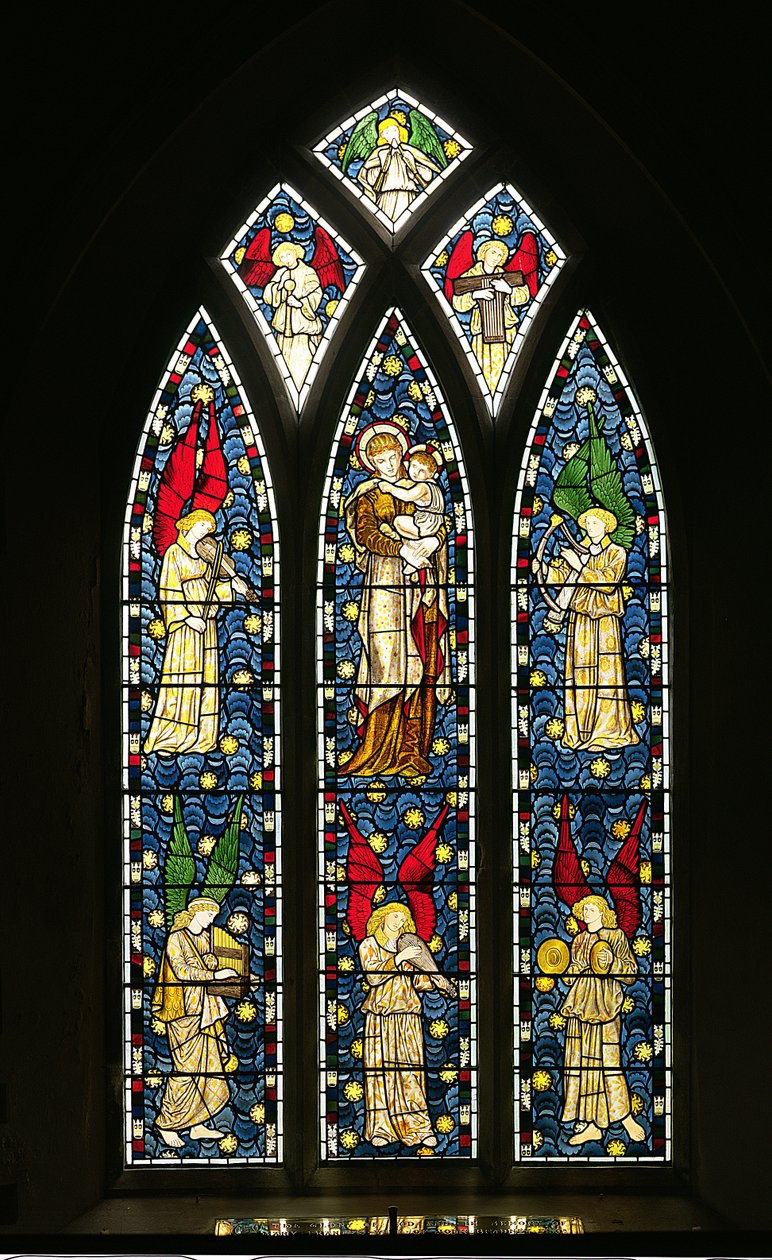 Madonna och barn med musikaliska änglar, 1869 (glasmålning) av William Morris