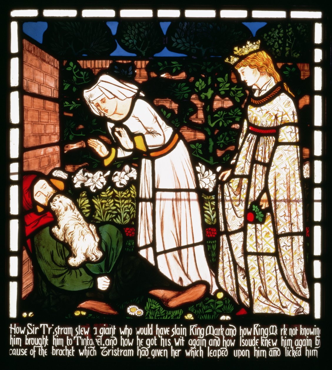 Sir Tristan känns igen av Isolde the Fairs hund, från "The Story of Tristan and Isolde", William Morris und Co. (målat glas) av William Morris