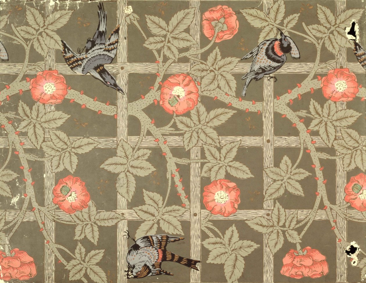 Spaljé tapetdesign med en flaskgrön bakgrund, 1864 av William Morris