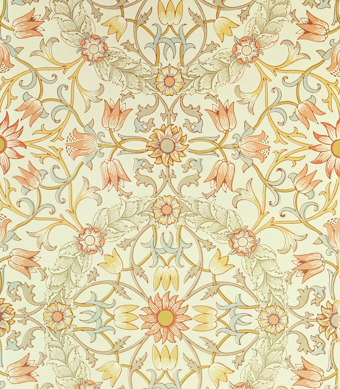 Tapet med ett blommönster av liljor omslutna av rosor, designad av William Morris (1834-96). av William Morris