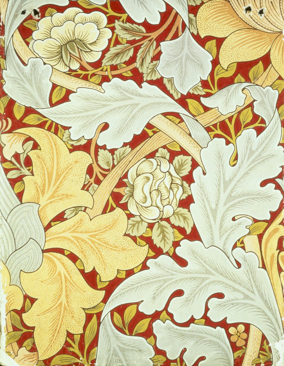 Tapeter med akantusblad och vilda rosor på en röd bakgrund designad av William Morris (1834-96) av William Morris