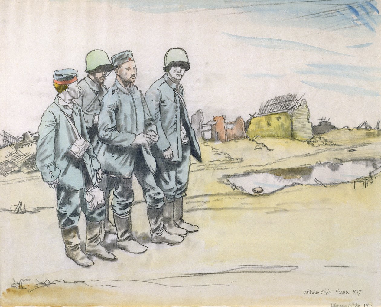 Fyra tyska fångar vid en fransk by, 1917 (kol och wc på papper) av William Orpen
