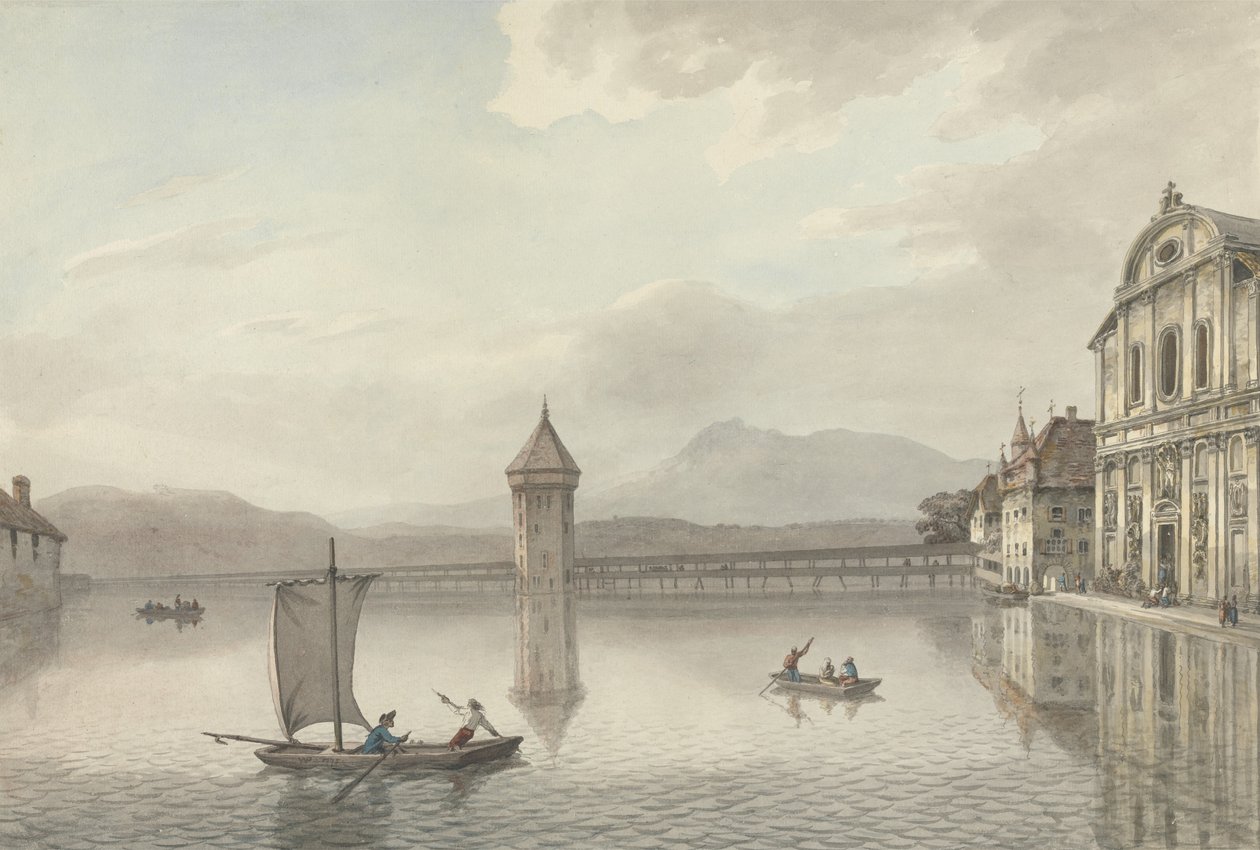 A View at Lucerne (penna och bläck med wc över grafit på papper) av William Pars