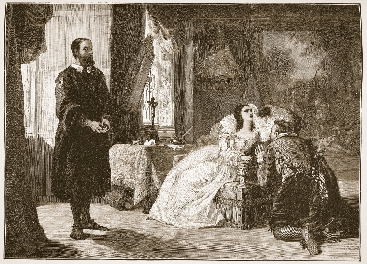 John Knox tillrättavisar Mary, Queen of Scots, illustration från 