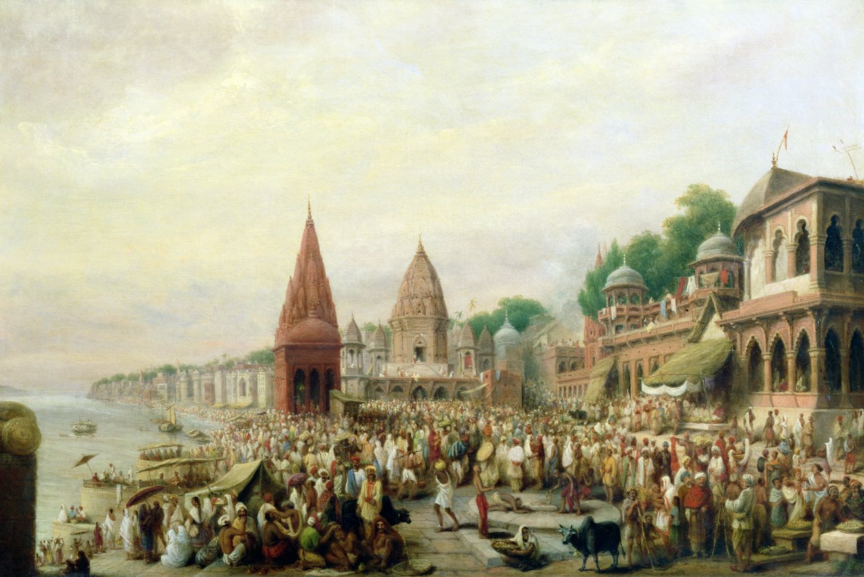 En vy av Dasaswamedh Ghat, Benares, under Dussehra-festivalen av William Prinsep