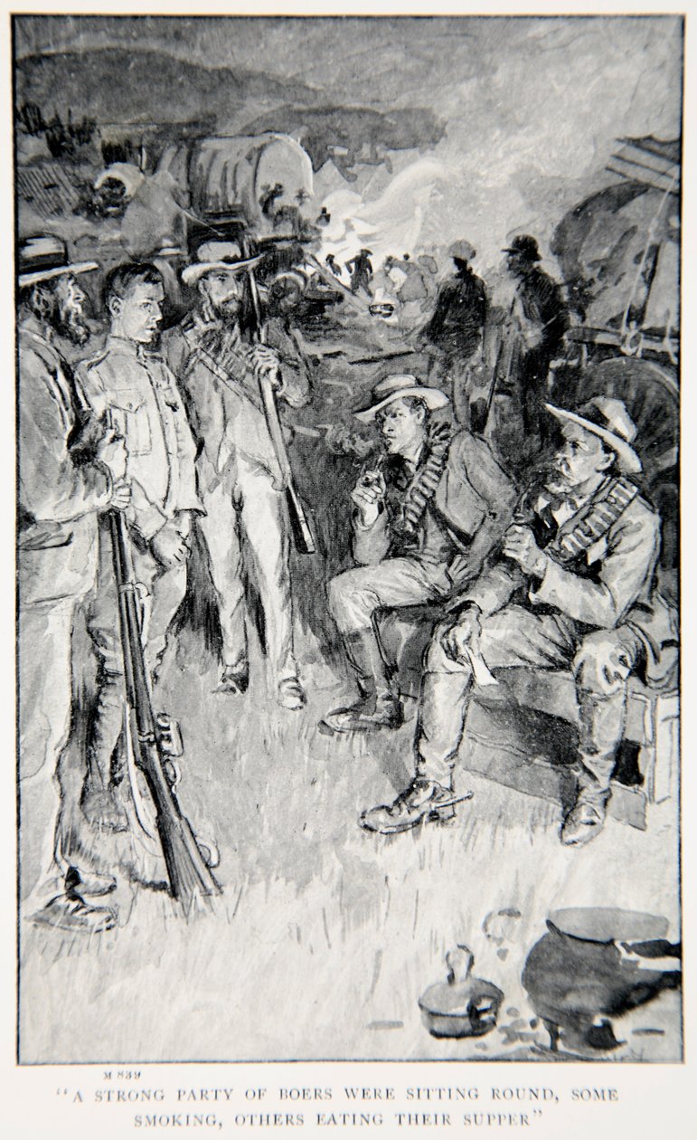 Ett starkt gäng boerare satt runt omkring, några rökte, andra åt sin middagsmat, en illustration från "With Roberts to Pretoria": A Tale of the South African War" av G.A. Henty, pub. London, 1902 av William Rainey