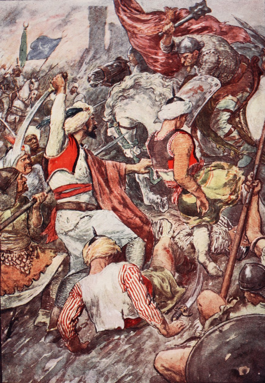 "På grund av de tunga slagen som hertig Charles överöste saracenerna kallades han Charles the Hammer", illustration från "The Story of France Told to Boys and Girls" av Mary Macgregor, 1920 (färg li av William Rainey
