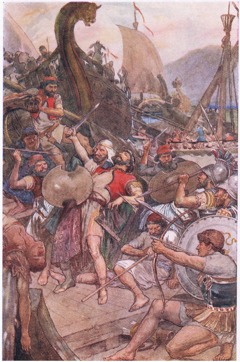 Den persiske amiralens död i Salamis, från Plutarch Lives publicerad av T C & E C Jack Ltd, 1920-talet av William Rainey