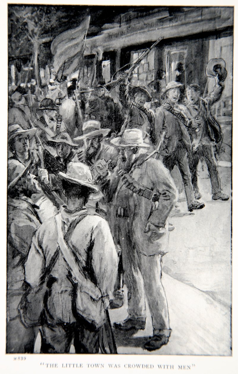 Den lilla staden var full av män, en illustration från "With Roberts to Pretoria: A Tale of the South African War" av G.A. Henty, pub. London, 1902 av William Rainey