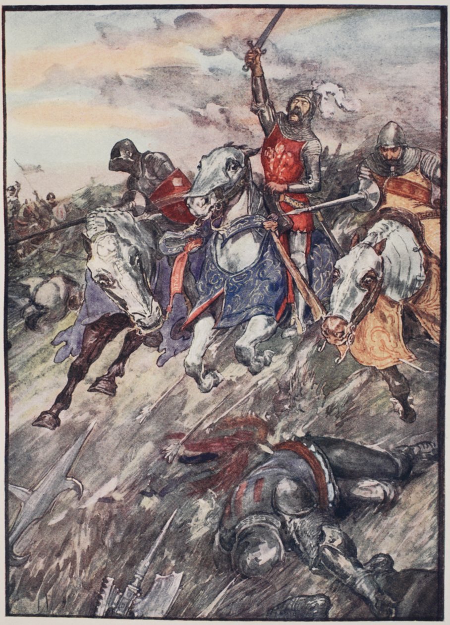 "They Rushed Into The Fray Like Madmen Bent Upon Sudden Death", tallrik från "The Story of France", av Mary MacGregor, 1920 (färgad litho) av William Rainey