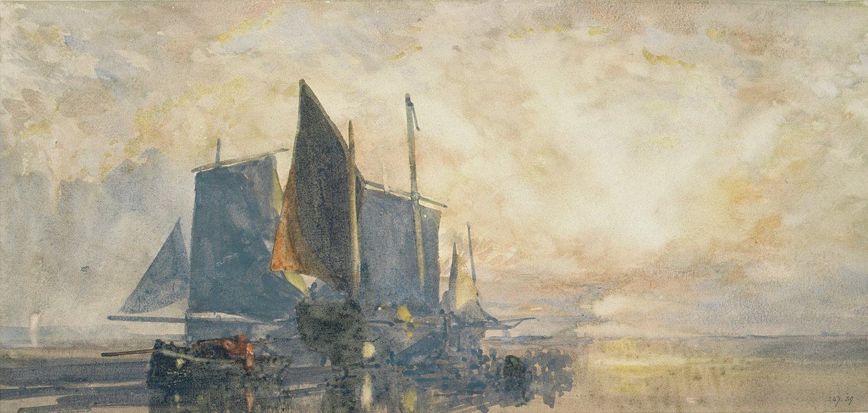Fiskebåtar för ankar: Solnedgång, 1800-talet (akvarell) av William Roxby Beverly