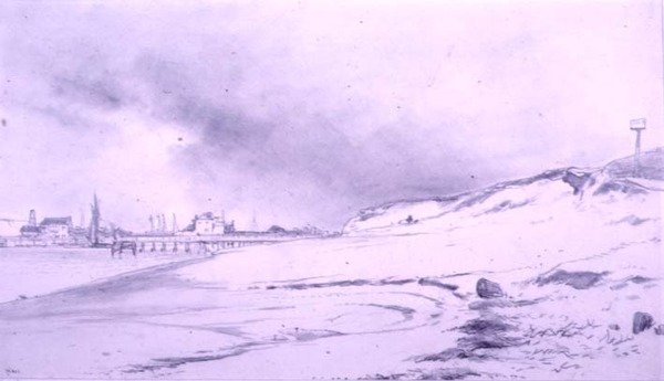 River Bank, med brygga och byggnader av William Roxby Beverly