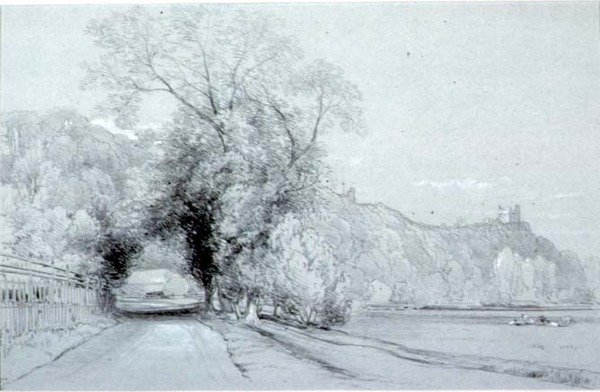 Väg som gränsar till ängar och ett slott av William Roxby Beverly
