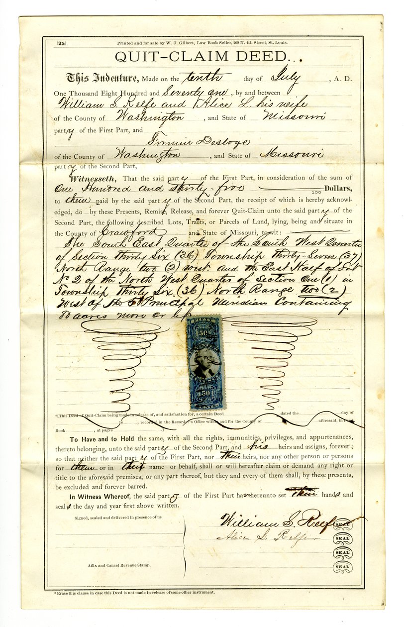Quit claim deed signed William S. Reefe and Alice L. Reefe of Washington County, July 10, 1871 av William S. Reefe