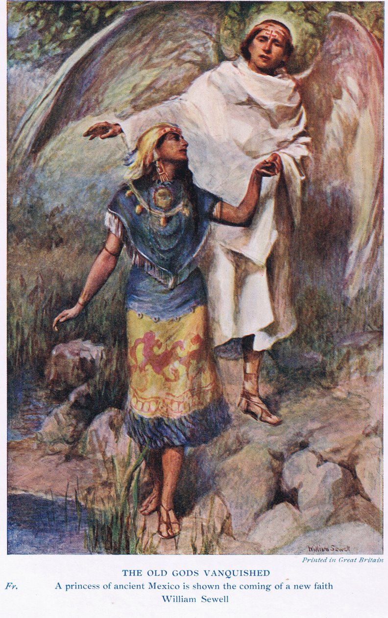 De gamla gudarna besegrade - En prinsessa av Mexiko visas ankomsten av en ny tro, illustration från "The Book of Myths" av William Sewell