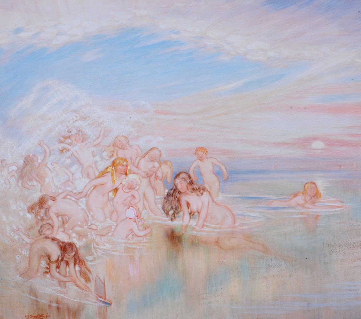 Nymfer vid stranden, 1908 (olja och gouache på papper) av William Shackleton