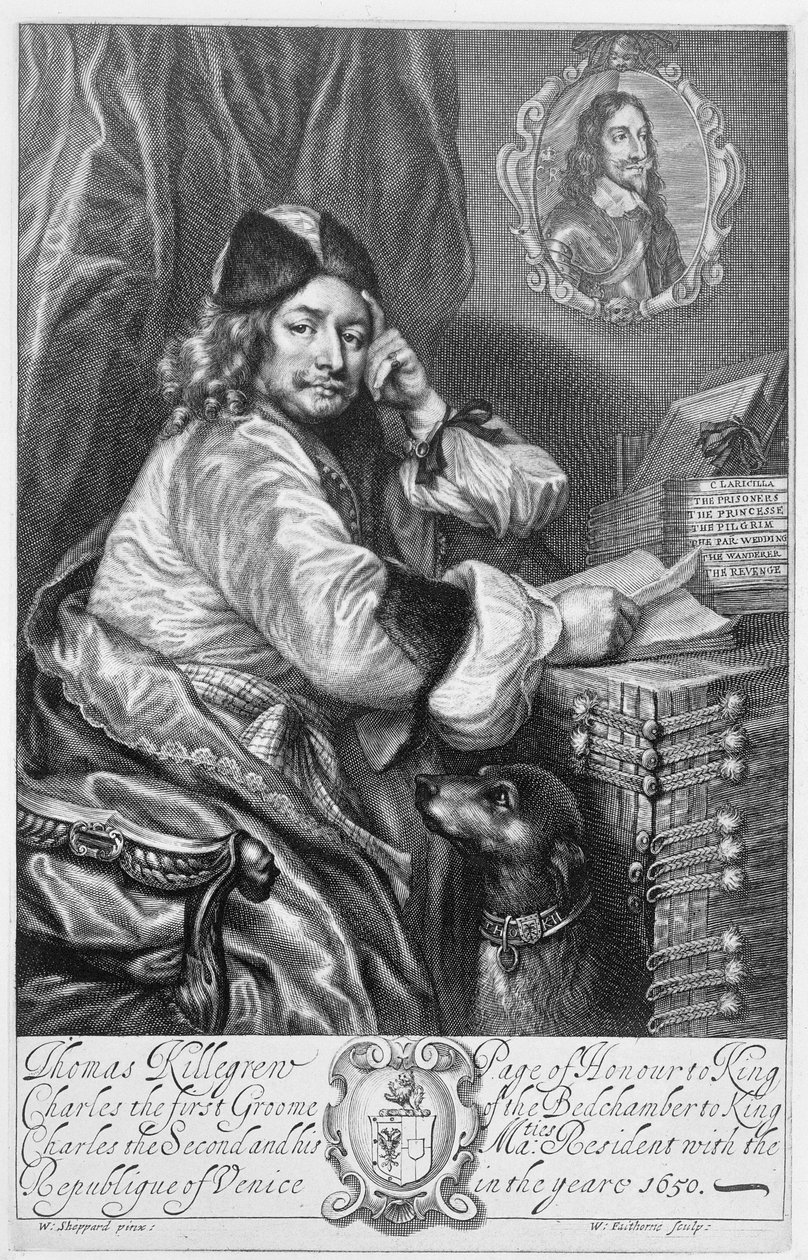 Porträtt av Thomas Killigrew (1612-83) Restaureringsdramatiker, frontispice till hans verk, graverad av William Faithorne (1616-91) 1664 av William Ludlow Sheppard