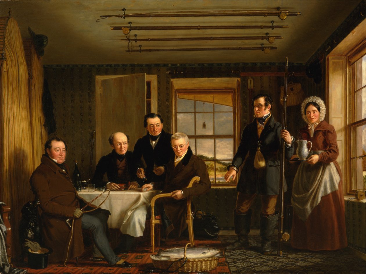 Discussing a Catch of Salmon in a Scottish Fishing-Lodge av William Shiels
