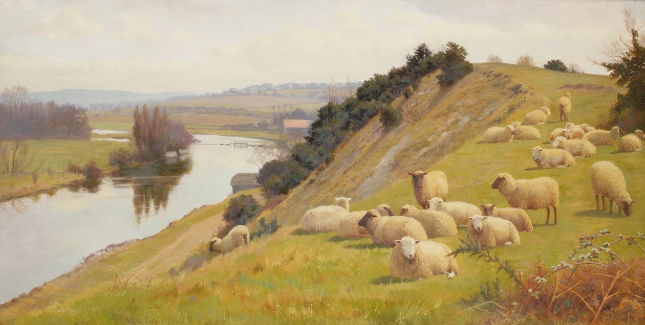 En betesmark vid floden med får av William Sidney Cooper