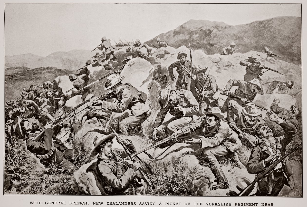 Med general French: Nya Zeeländare räddar en grupp av Yorkshire-regementet nära Slingersfontein den 15 januari, efter en skiss av G.D. Giles (fl.1890). av William Small