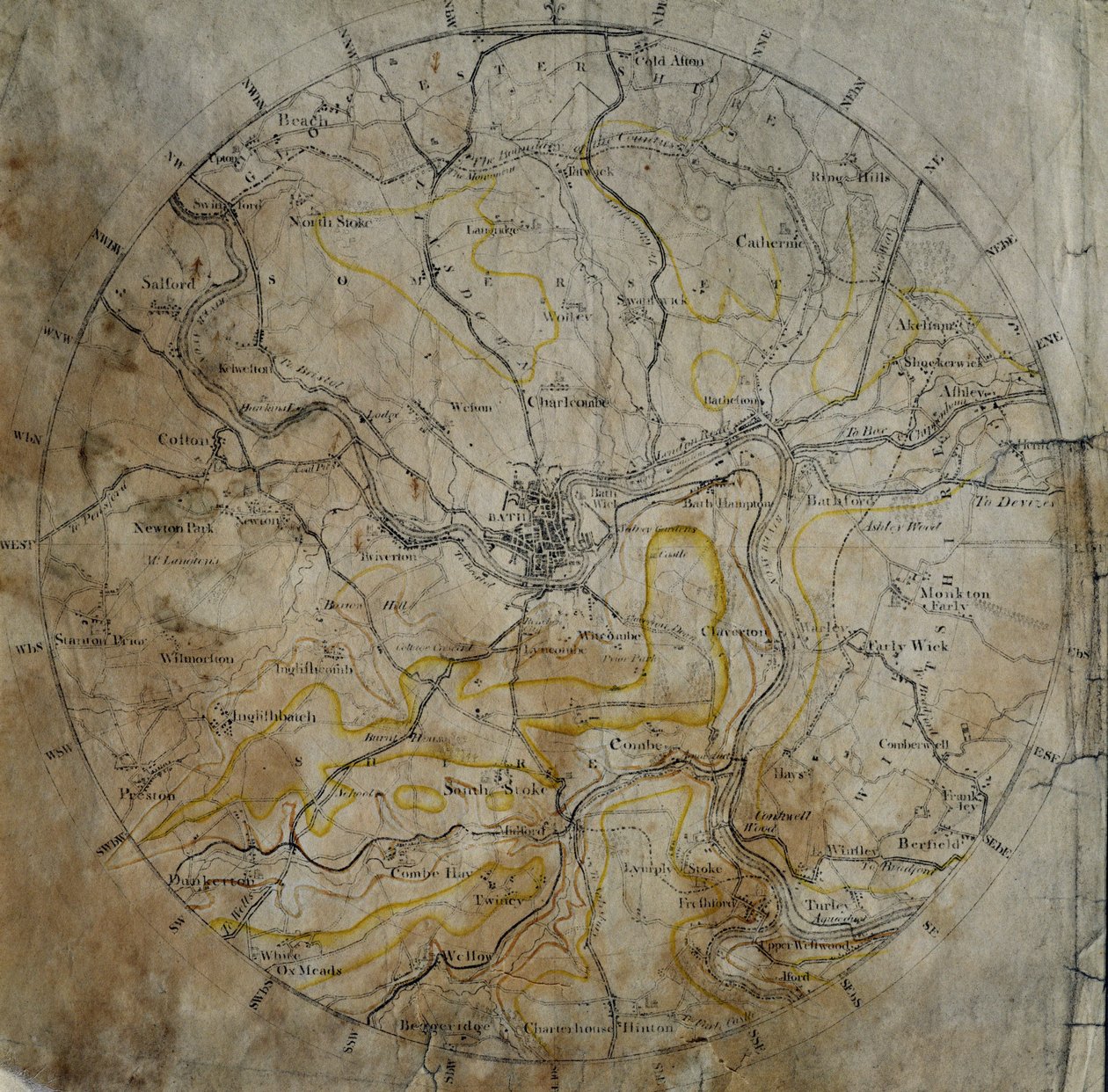 Geologisk karta över stadsdelen Bath, graverad av John Cary och sedan handfärgad av konstnären, ca 1799 av William Smith