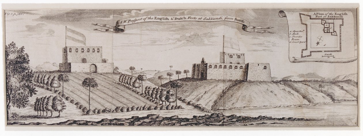 Sydväst utsikt över de engelska och holländska forten vid Sakkundi, ca 1744 av William Smith